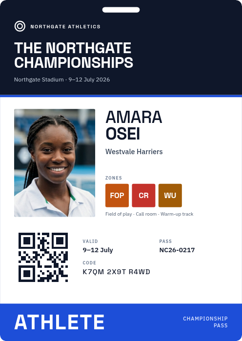 A printed championship pass for The Northgate Championships: Amara Osei of Westvale Harriers, athlete, with her photo, the field of play, call room and warm-up track, and the code a steward scans.