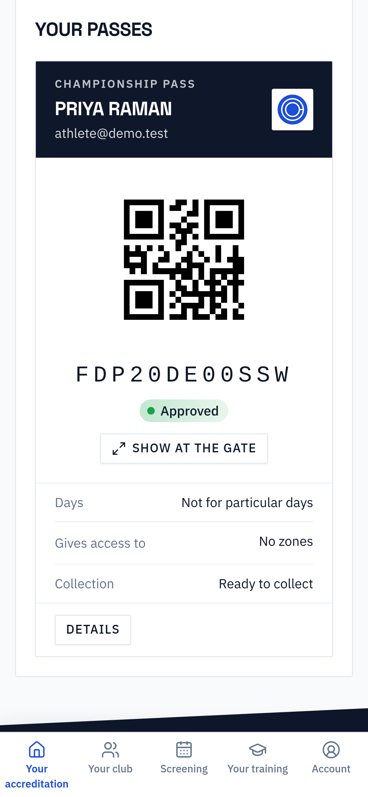 The same site on a phone, signed in as an athlete: her championship pass with its code, ready to show at the gate, and her screening booking.