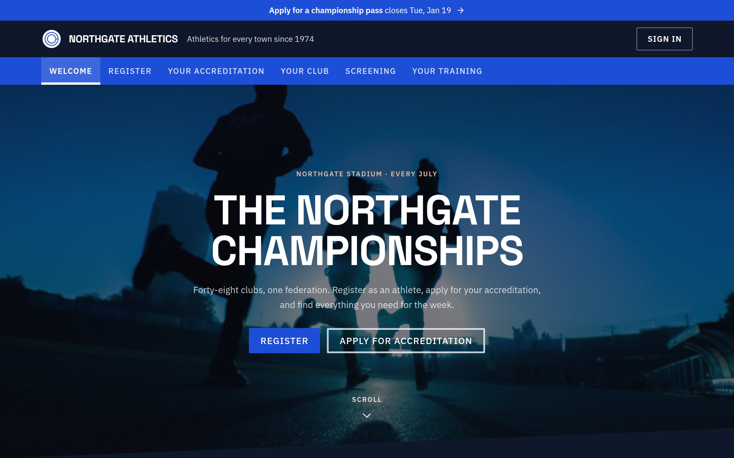 An event's own public site: Northgate Athletics' header, a full-screen photograph of runners on a track at dusk, The Northgate Championships, and buttons to register and apply for accreditation.
